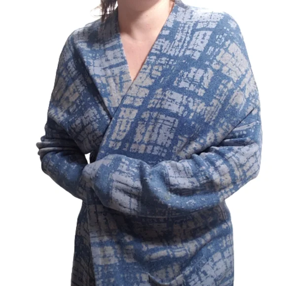 Pure Jill J Jill XL Indigo Blue Cotton Two-Tone Abstract One Button Cardigan - Picture 4 of 10